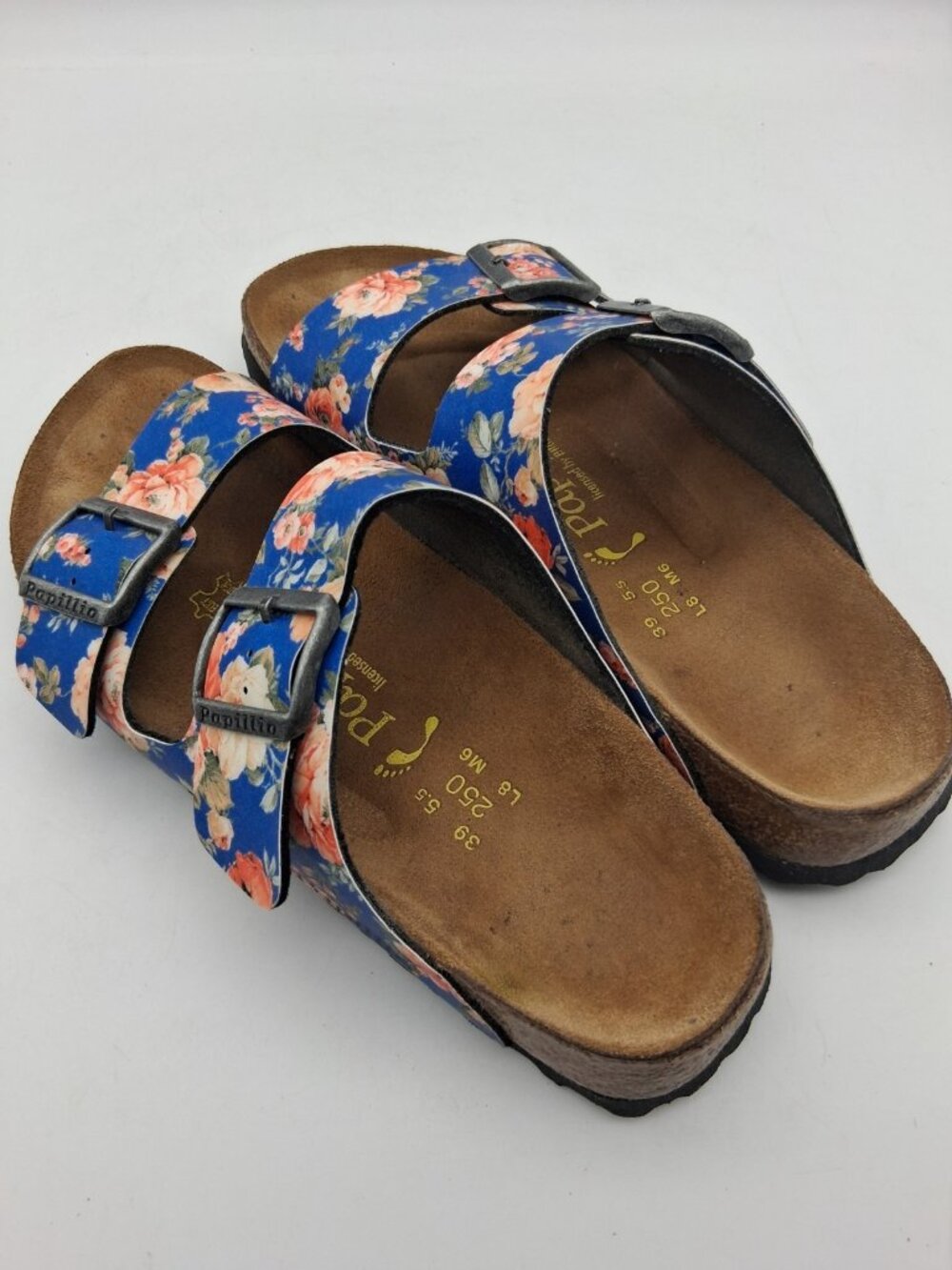 Birkenstock Papillio Arizona Blue Rose Floral Sandals EU 39 US L8 M6 Buckle Boho - Picture 8 of 11